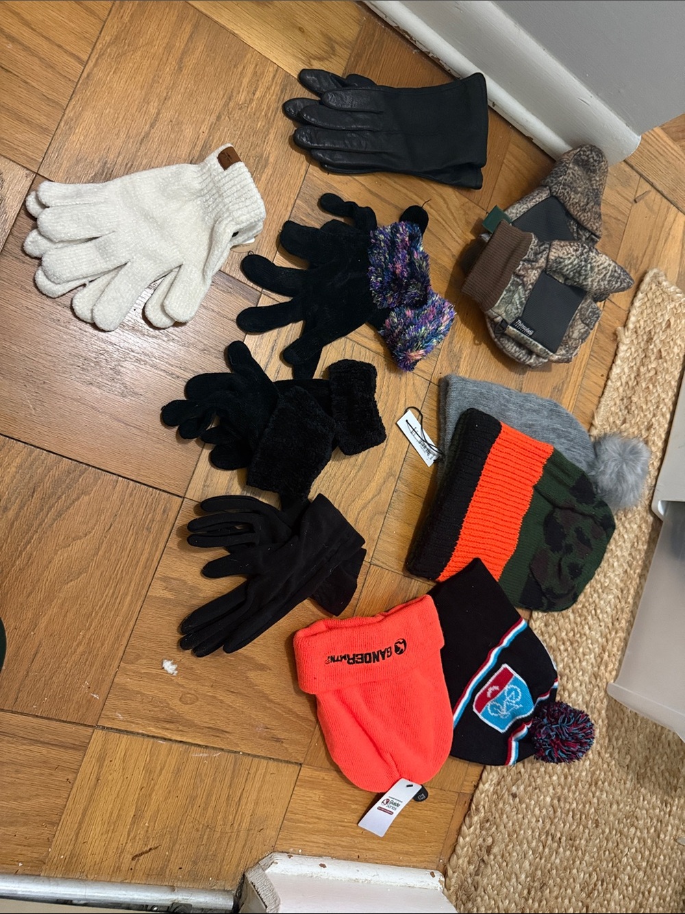 Mixed Winter Hat and Glove Lot - Black, Orange, Cream, Gray, Green